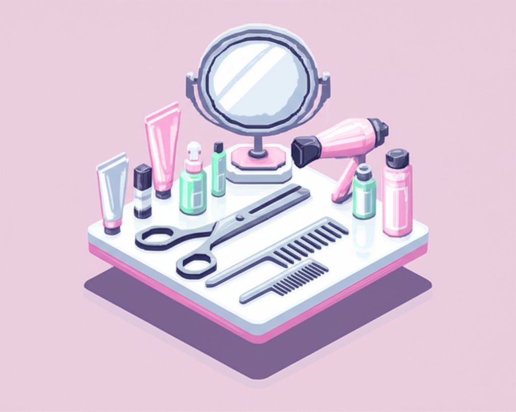 Woman smiling as a stylist applies makeup on her face in a bright salon setting.