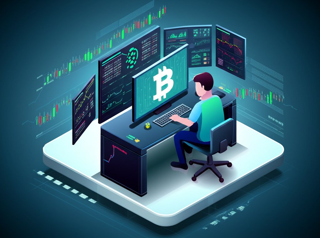 Chart-filled screens show rapid crypto price fluctuations, reflecting intense day trading activity.