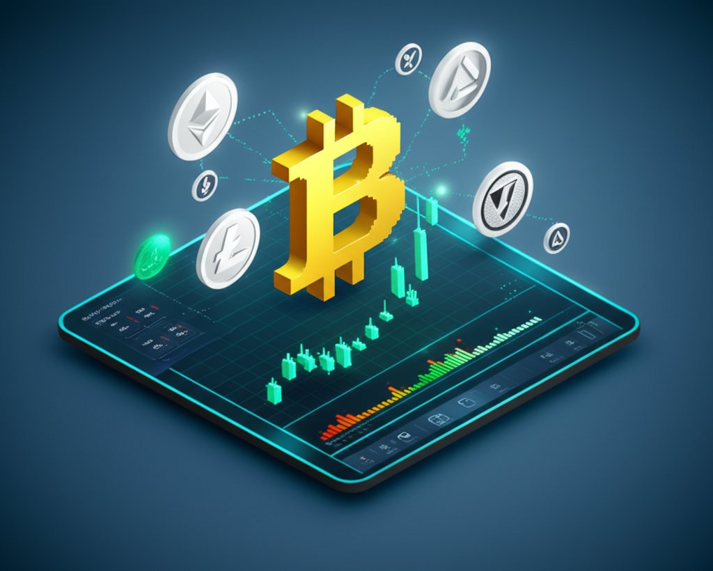 Fluctuating crypto prices displayed on a digital screen, with charts and numerical data.