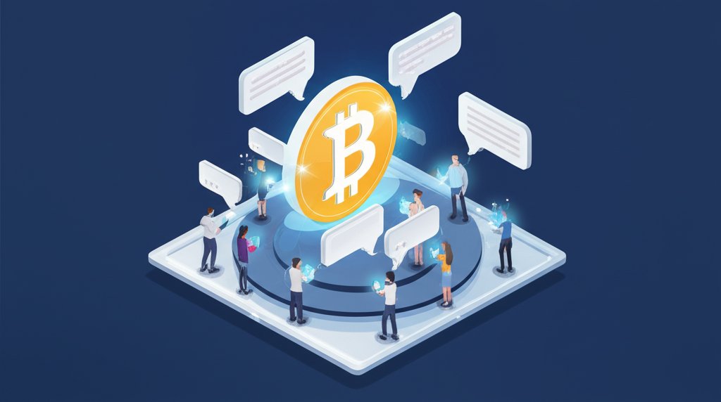 Digital artwork featuring various cryptocurrency quotes, logos, and charts.
