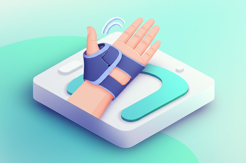 Hand wearing a De Quervain's tenosynovitis brace, providing wrist and thumb support for pain relief.