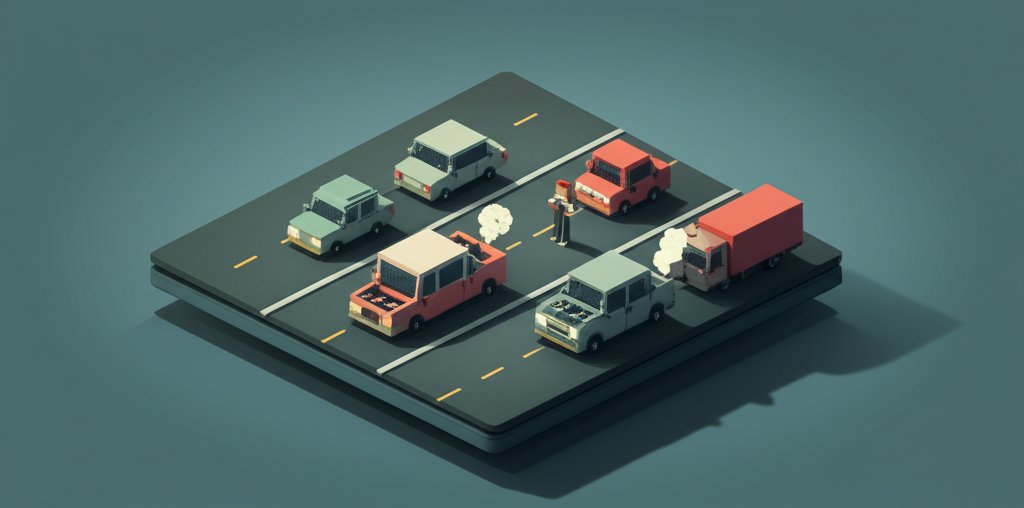Traffic congestion and pollution are disadvantages of transportation, depicted in a city scene.