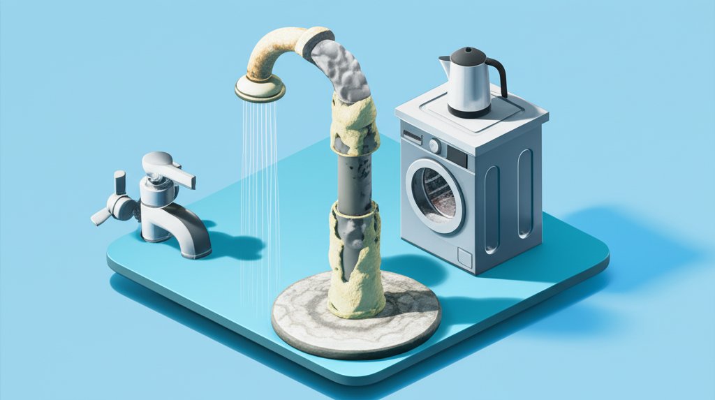 Limescale buildup on a faucet and in a kettle, illustrating the problems caused by hard water.