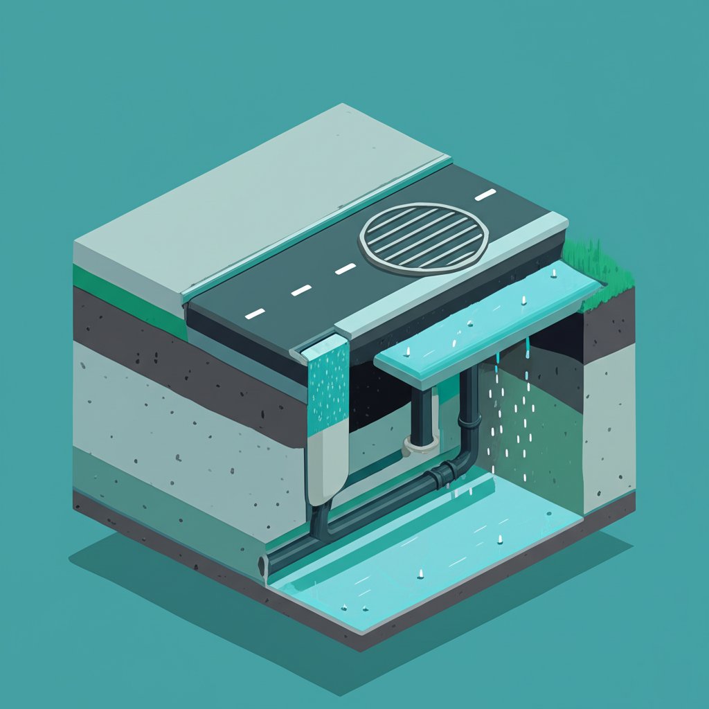 A drainage system with concrete channels and metal grates, conveying water.