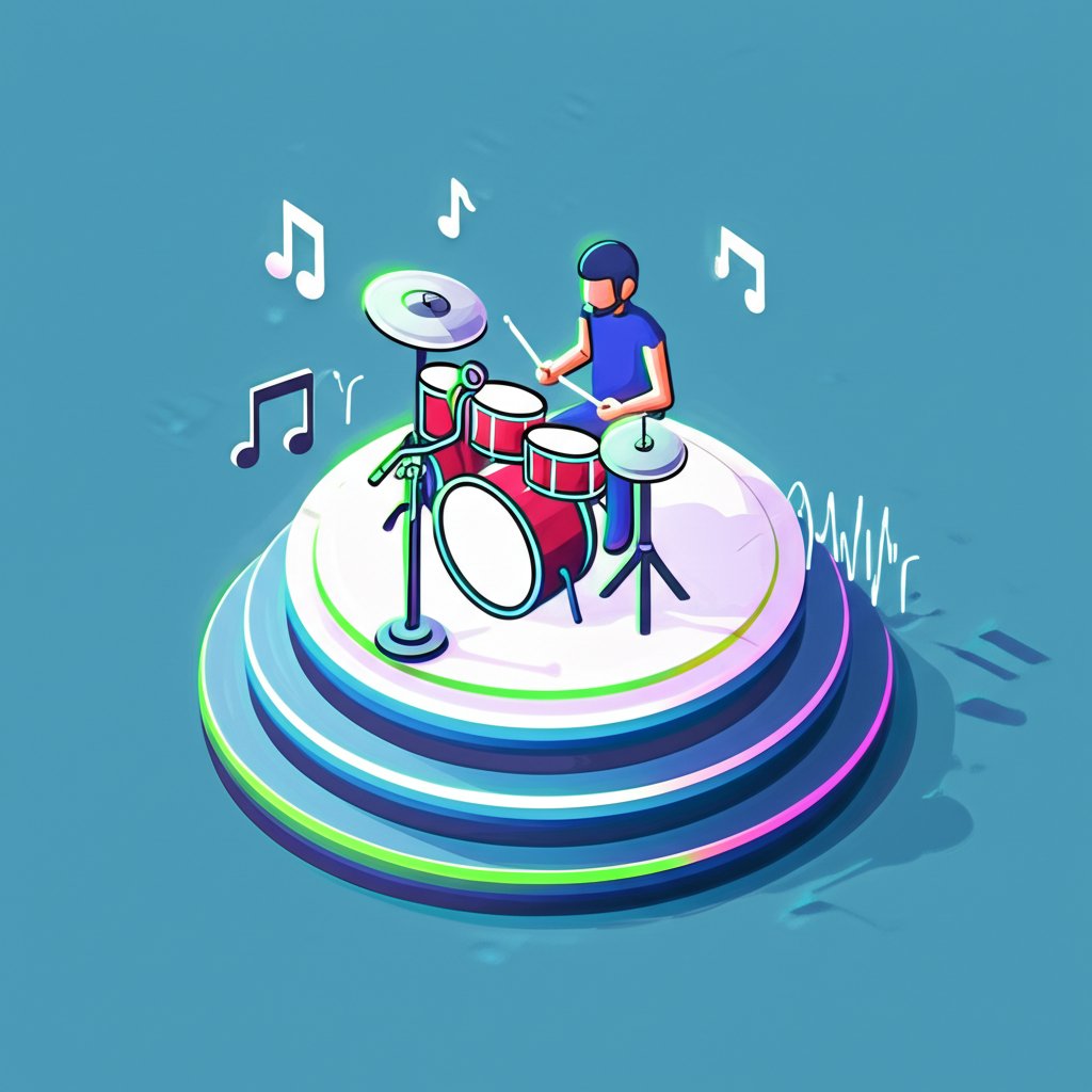Drummers in a band sing backup vocals while playing their instruments, bathed in stage light.