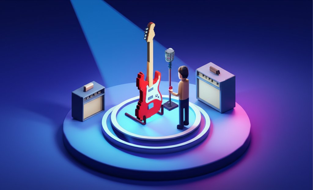 Electric guitar with a sunburst finish, showcasing its strings, pickups, and body.
