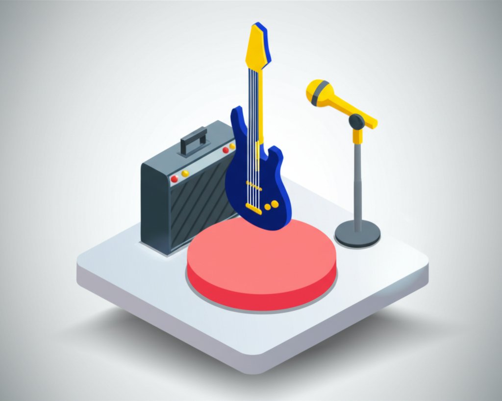 A collection of colorful electric guitars displayed on stands, ready to be played.