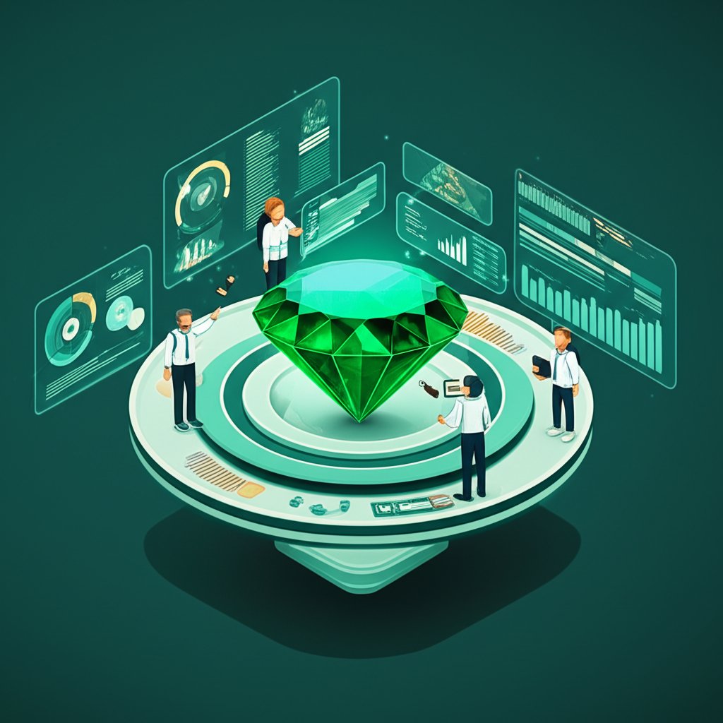 Close-up of a vibrant green emerald gemstone next to text highlighting interesting emerald facts.