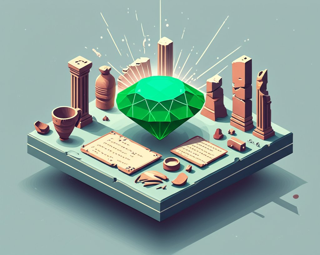 A collection of emeralds and historical artifacts showcasing the rich history of these green gems.
