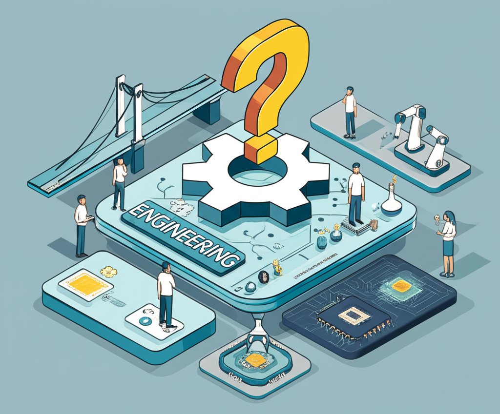 Engineering trivia graphic with gears, lightbulb, and question marks.