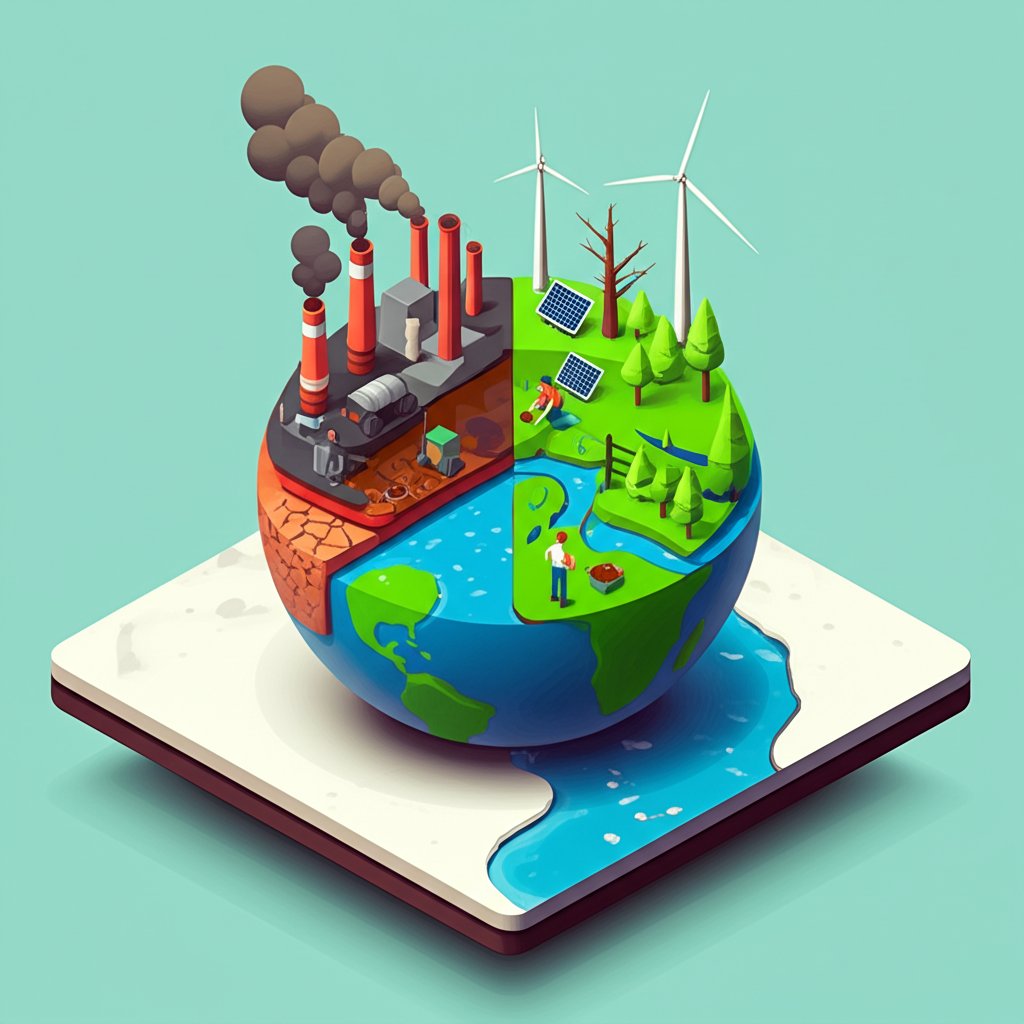 Damaged Earth being healed by green hands, symbolizing environmental problems and solutions.