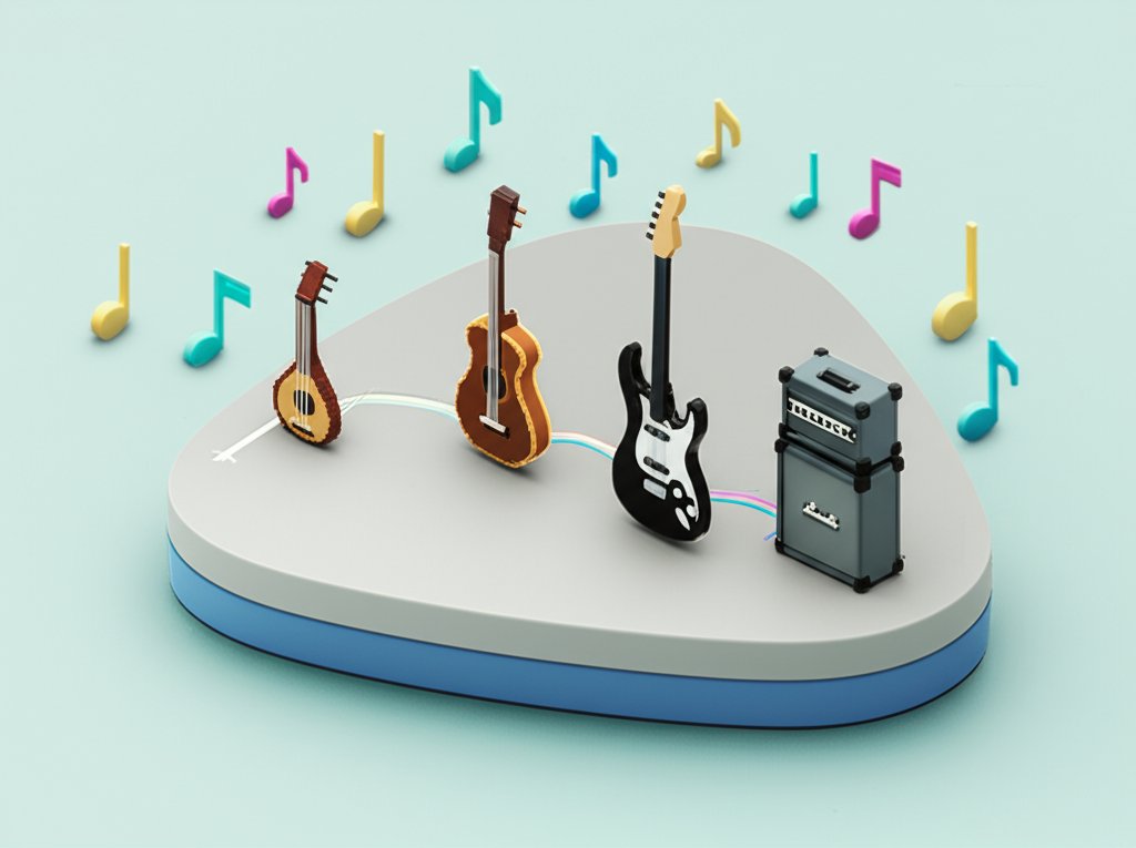 Evolution of guitars, from early acoustic instruments to modern electric guitars.