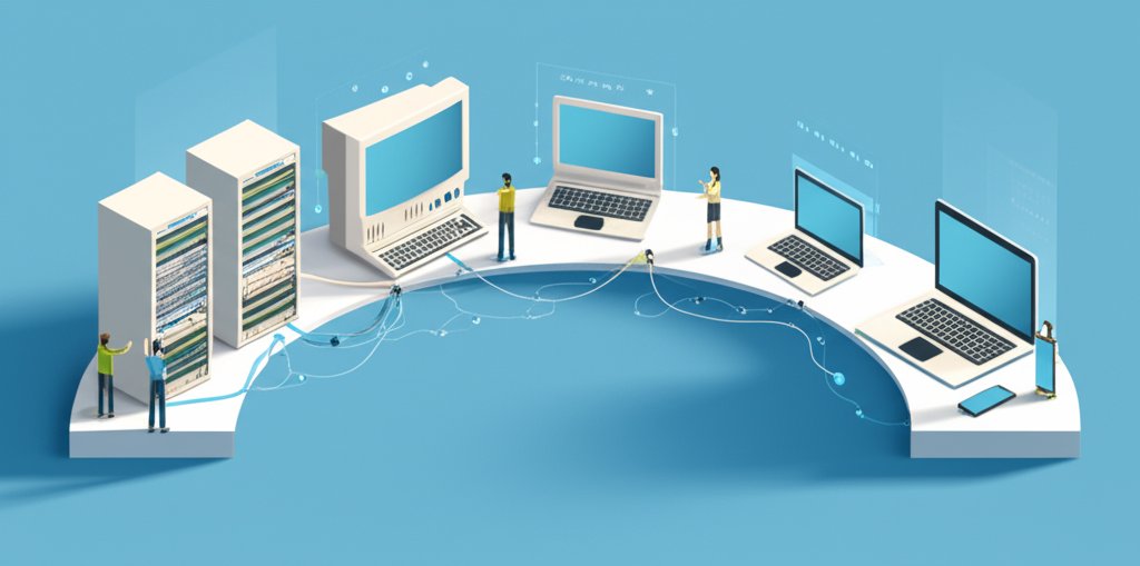 Evolution of computers, from bulky vacuum tube machines to sleek modern laptops.