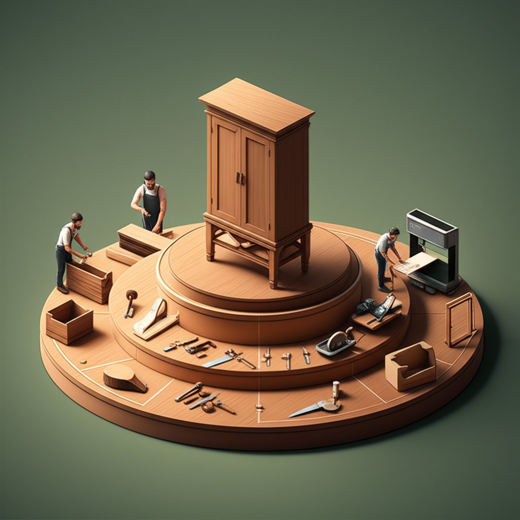 Evolution from hand tools to modern machinery in cabinet making.