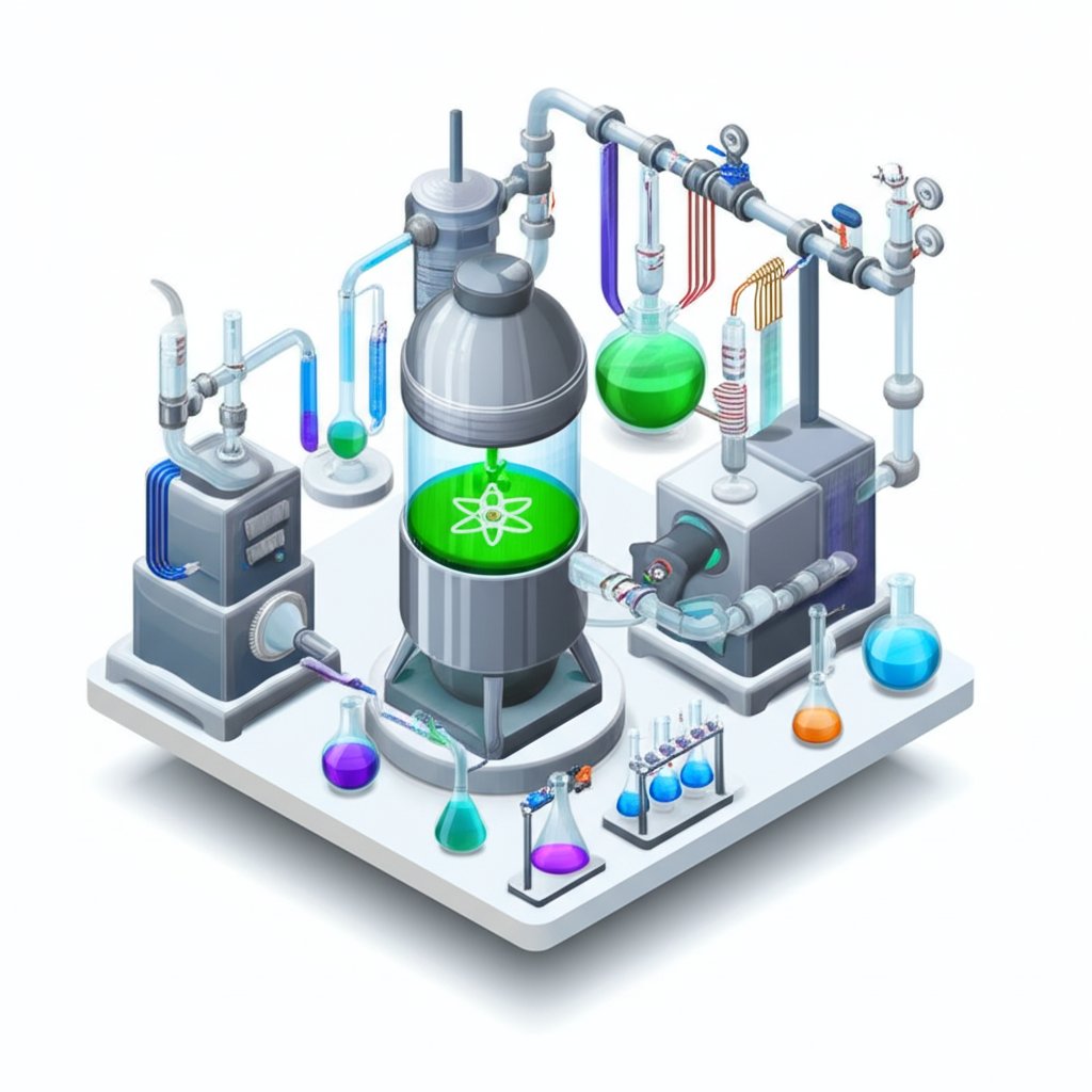 Chemical engineering facts graphic showing distillation column, reactions, and product uses.