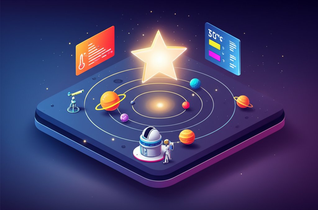 Illustrative star facts graphic with information about size, temperature, and life cycle.