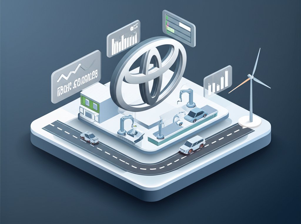 Toyota logo surrounded by icons representing facts like innovation, reliability, and global presence.