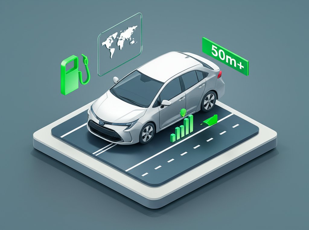 Toyota Corolla facts displayed with vehicle image: reliable, fuel-efficient, and globally popular.