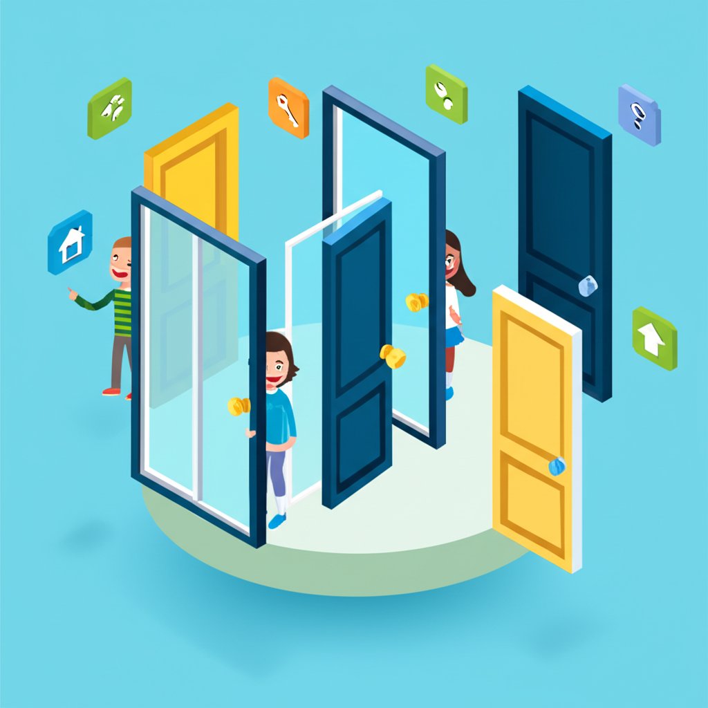 Informative graphic about fun and interesting door facts for children, using playful illustrations.