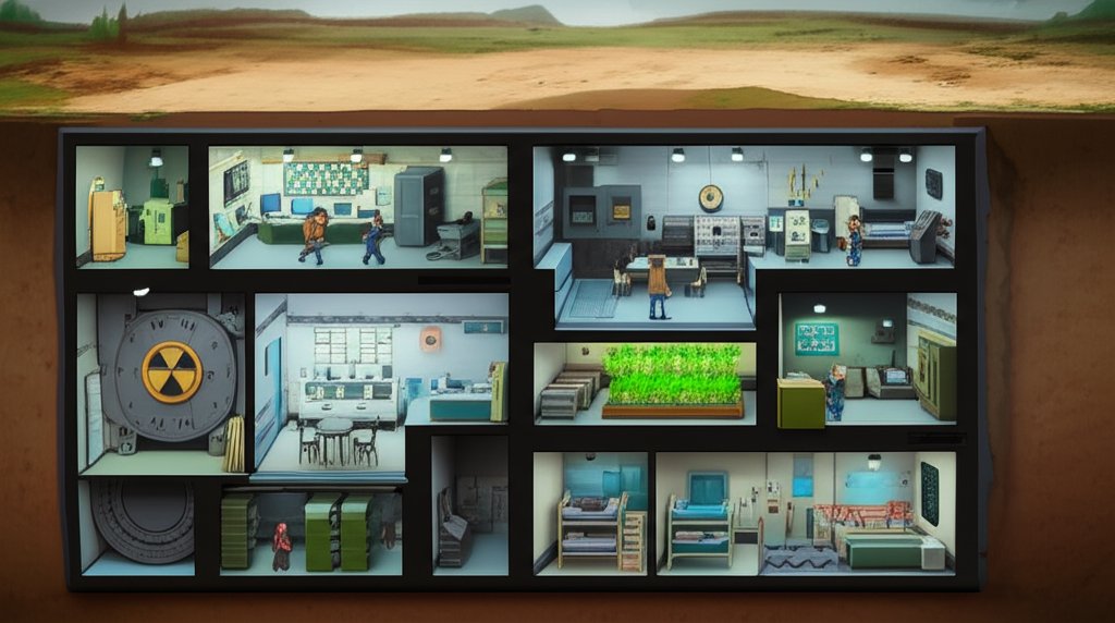 Blueprint-style layout of a basic fallout shelter, showing living, storage, and sanitation areas.