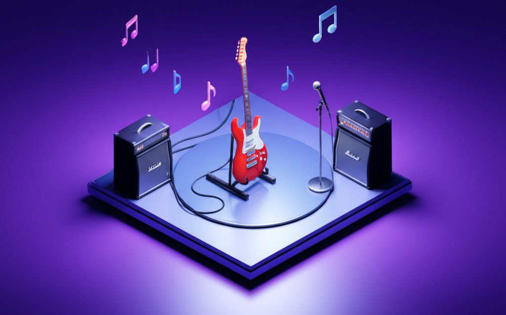 A collage of famous guitar players like Jimi Hendrix, Eric Clapton, and B.B. King.