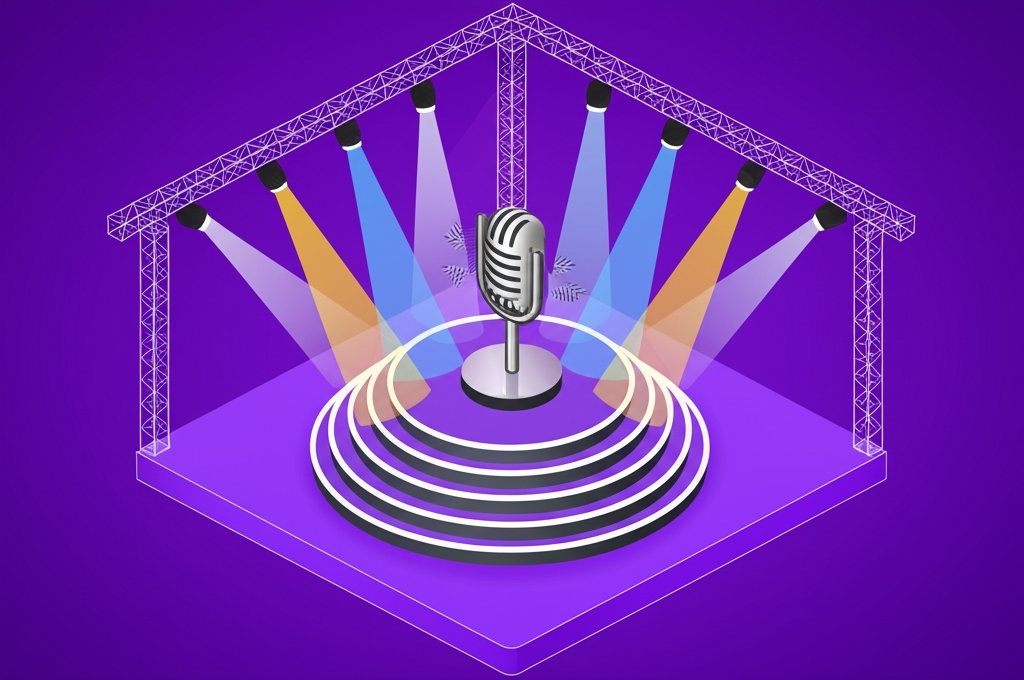 Famous singers on stage, bathed in spotlights, captivating a large audience.