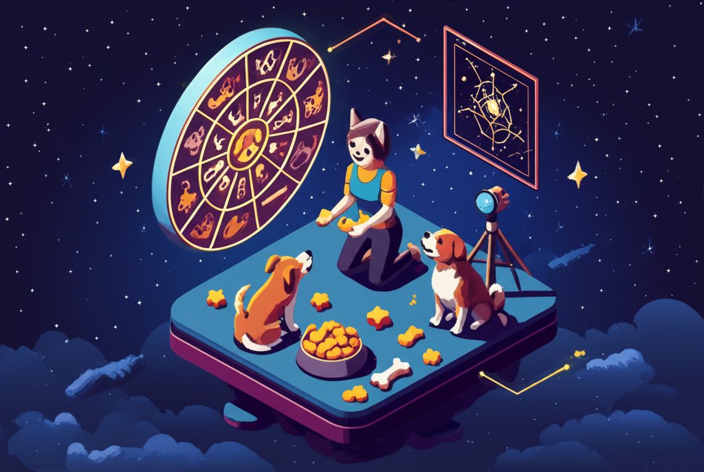 A dog happily eats a biscuit offered by a person with astrological symbols nearby.