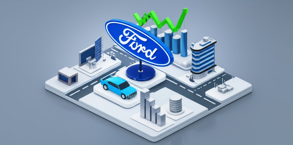 Ford logo over a stock ticker, suggesting financial news related to Ford.