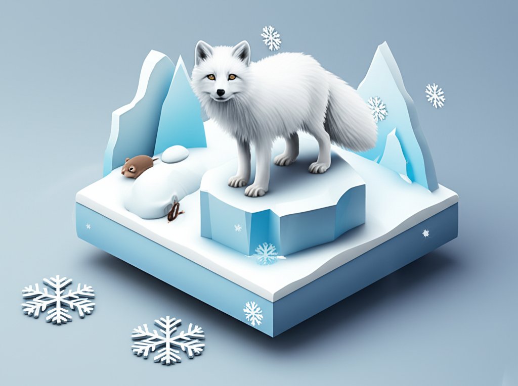 Arctic fox facts: A white arctic fox sits alertly in a snowy, icy environment.
