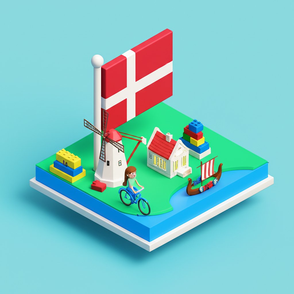 Danish flag next to fun facts about Denmark including Viking history and pastries.