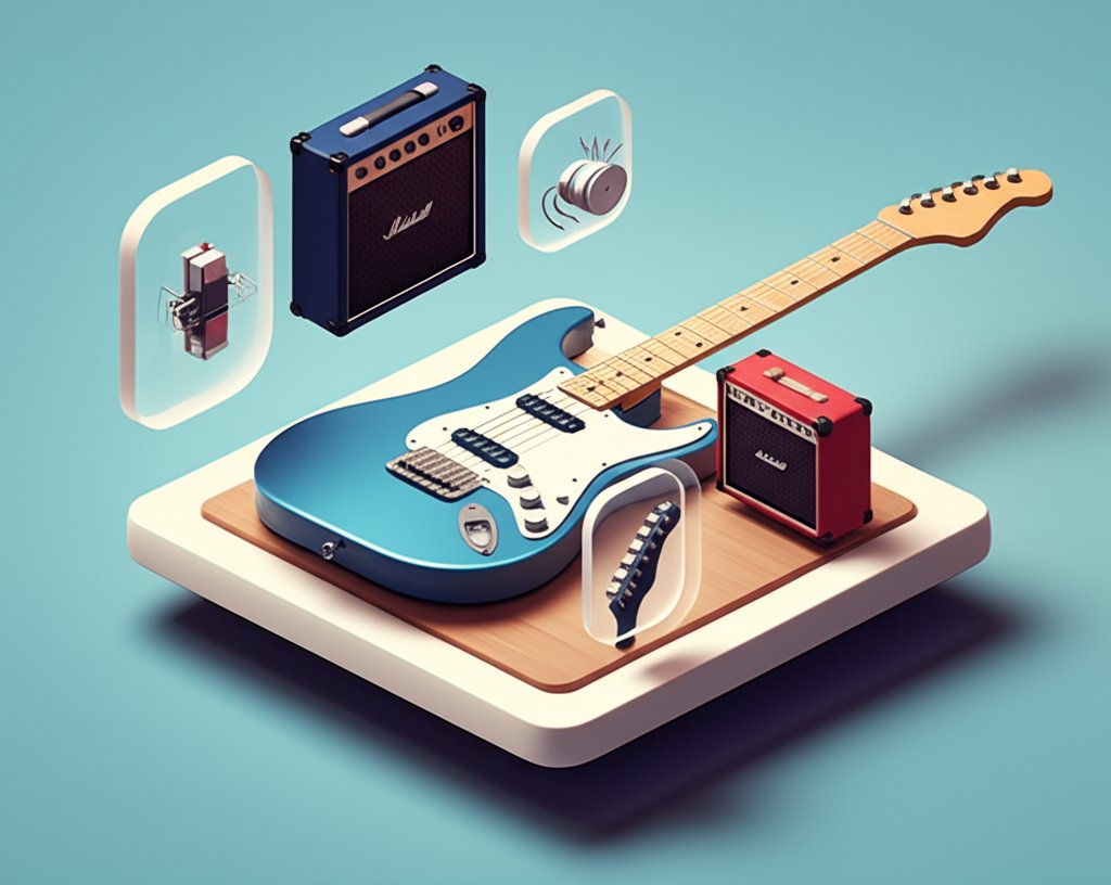 Fun facts about electric guitars: A colorful collage of guitar history and trivia.