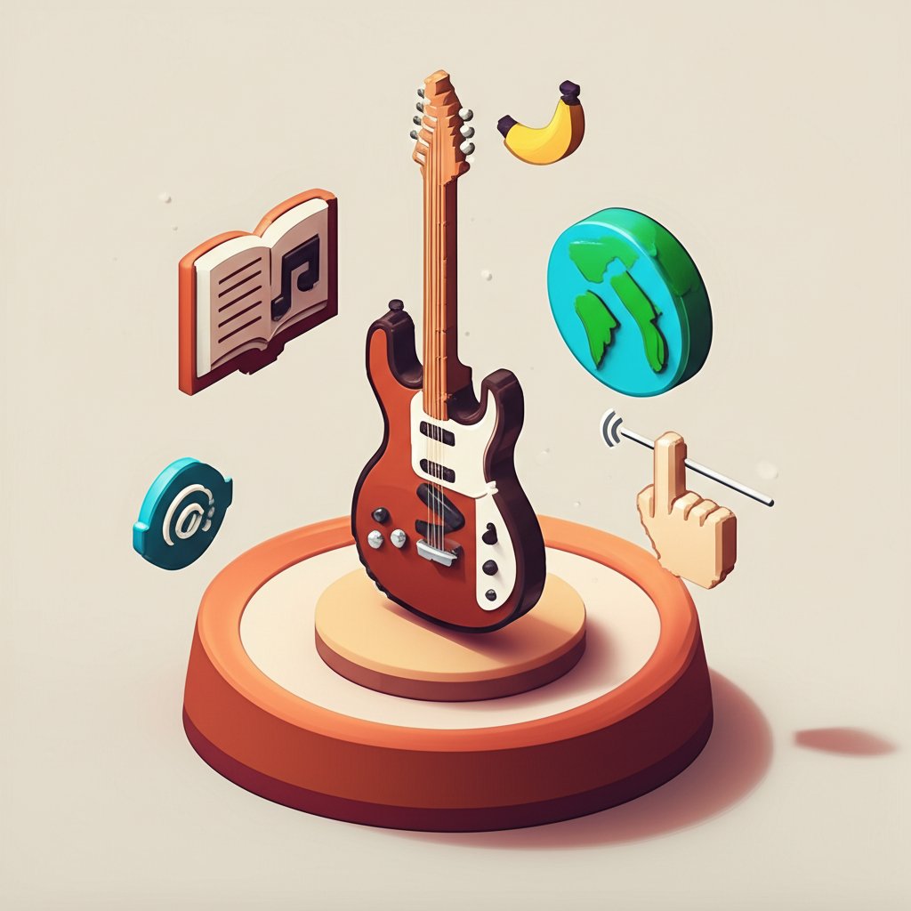 Fun facts about guitars on a colorful background with illustrations of guitars and musical notes.
