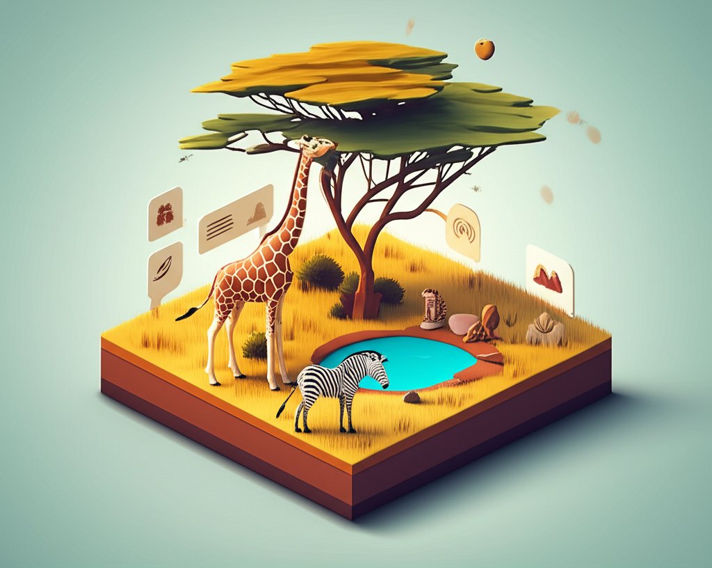 Text: Giraffes have unique spot patterns, like human fingerprints, in the African savanna.