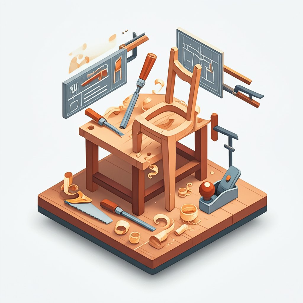 Close-up of hands meticulously crafting a wooden chair, showcasing furniture craftsmanship.