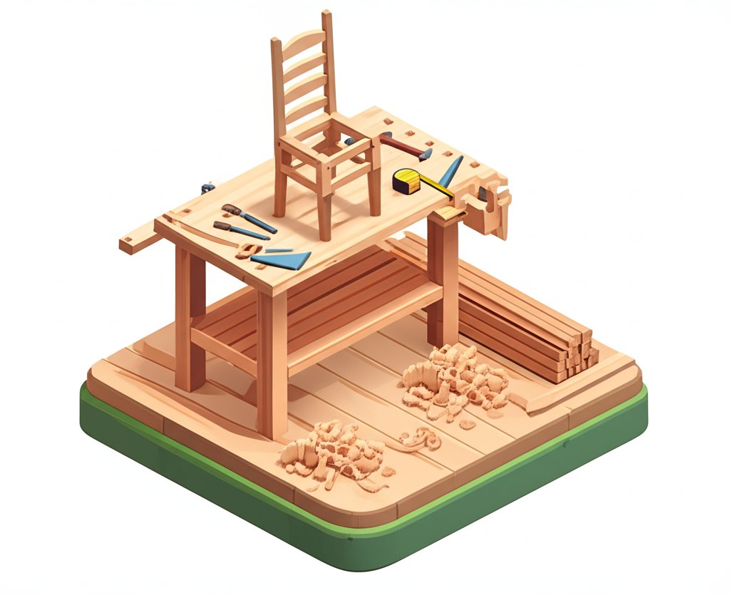 Craftsman shaping wood with traditional tools in a brightly lit furniture workshop.