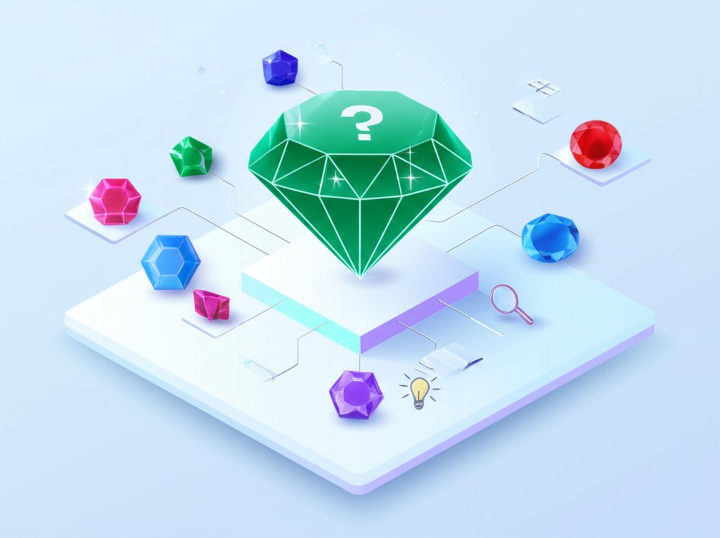 Gemstone trivia image with sparkling gems and quiz questions for an engaging learning experience.