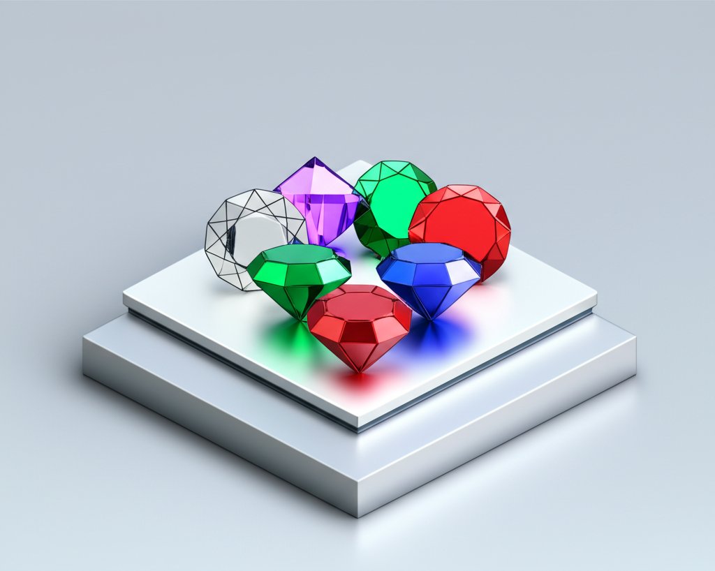 Assorted colorful gemstones sparkling, including amethyst, emerald, ruby, and sapphire.