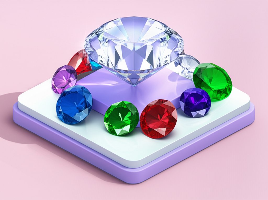 Assorted gemstones of various colors and cuts, shimmering under soft light.