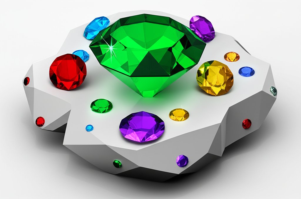 Assorted polished gemstones in various colors and shapes glimmering against a dark background.