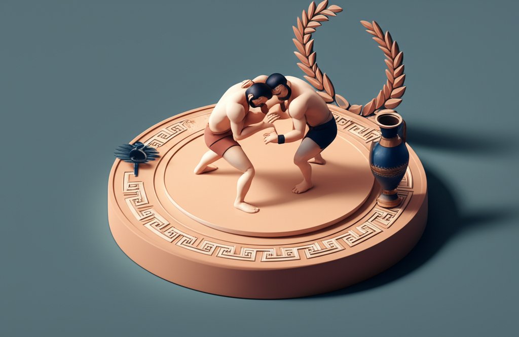 Two wrestlers grapple in a close, dynamic Greco-Roman wrestling match.