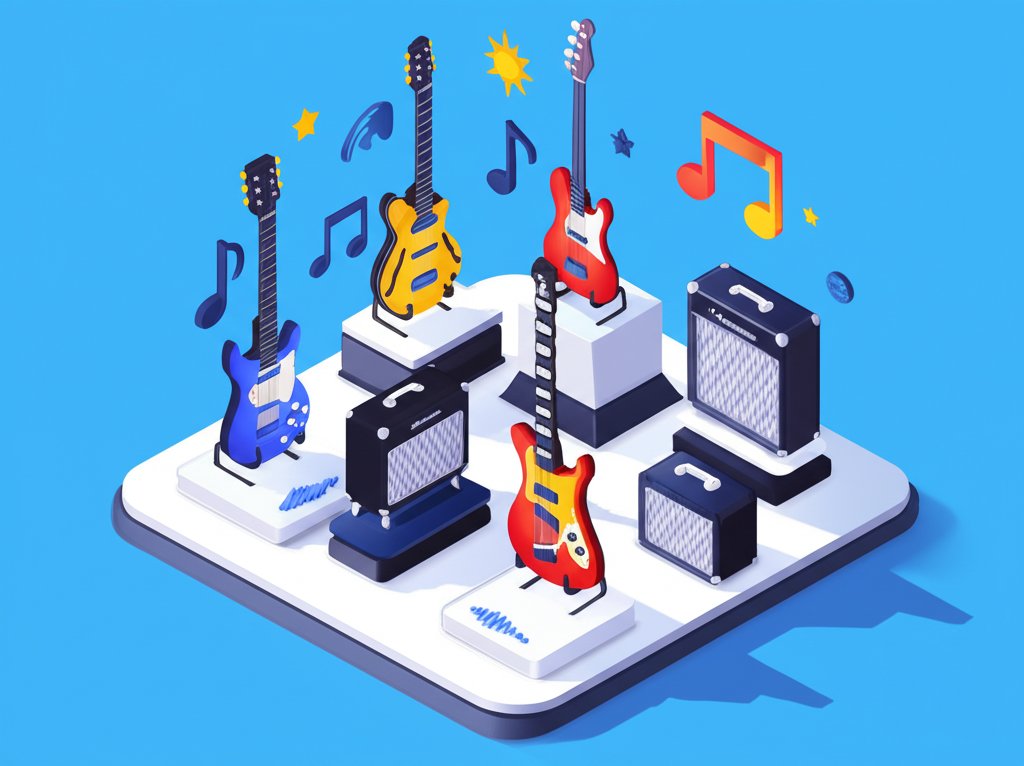 Guitar icons depicting various guitar types, including electric and acoustic guitars.