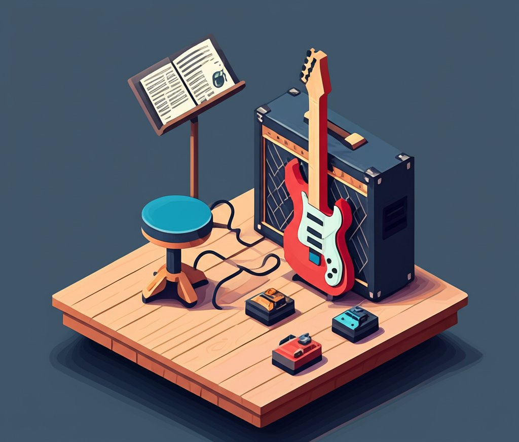 Acoustic and electric guitars are displayed on stands in a music store.