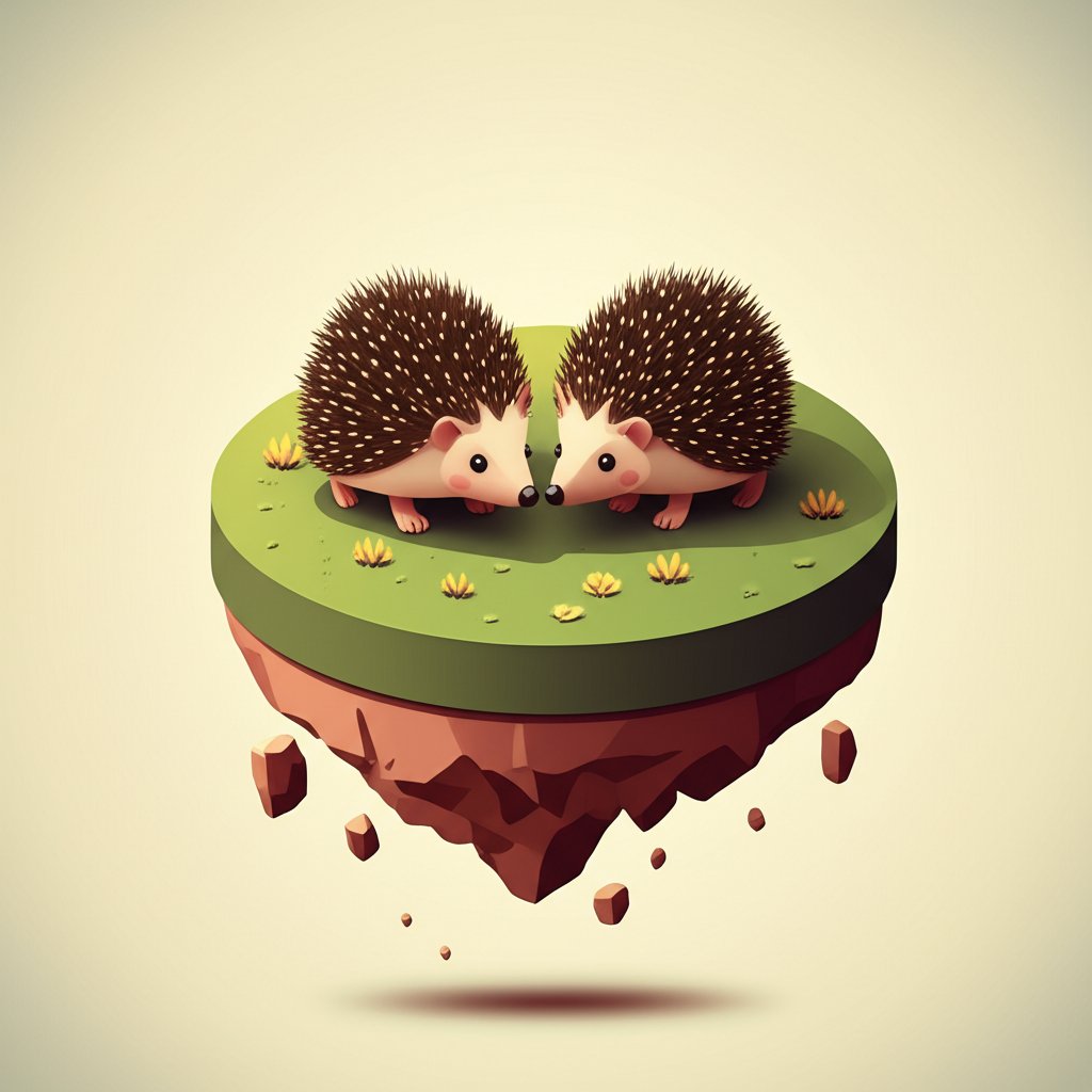 Two hedgehogs cautiously huddle close, balancing warmth and prickly spines.