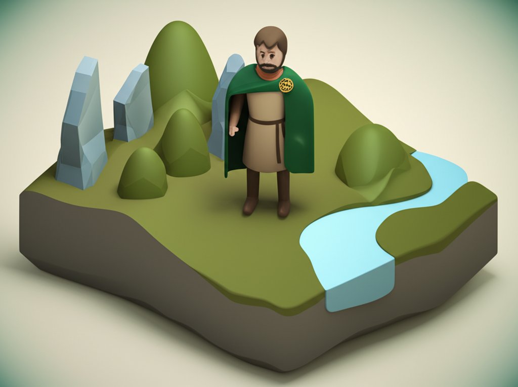 A person in traditional Irish clothing stands in a misty, green landscape.