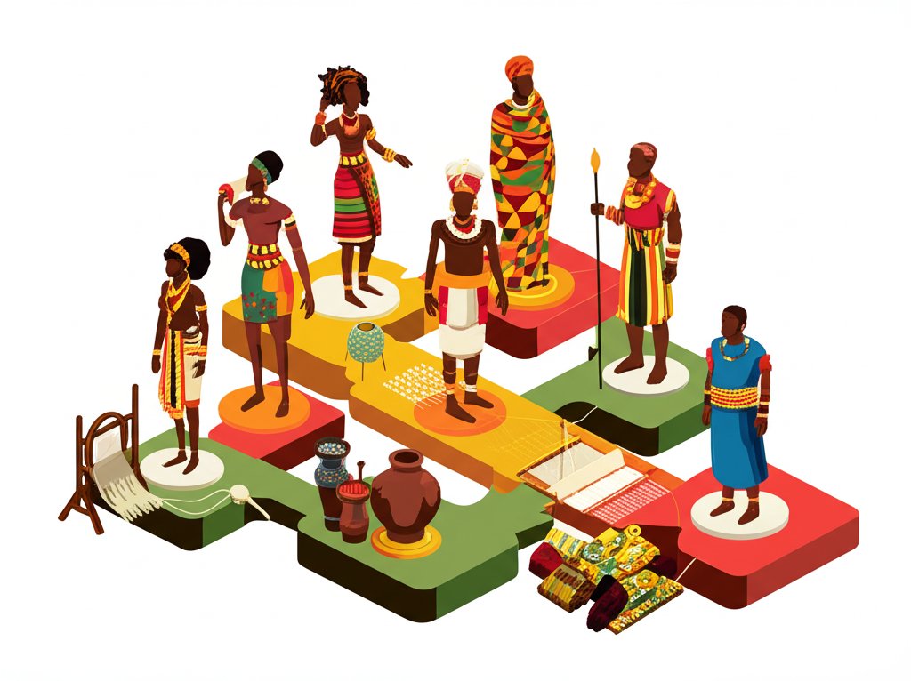 A vibrant collage showcasing various historical styles and textiles of African fashion.