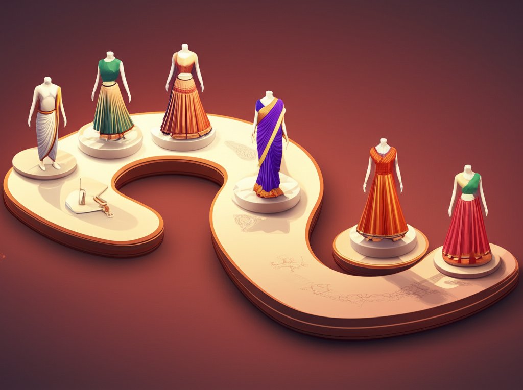 Clothing from throughout India's history, showcasing diverse textiles, styles, and adornments.
