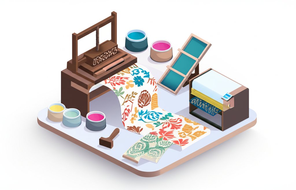 Historical printed textile samples showcasing patterns and techniques used throughout history.