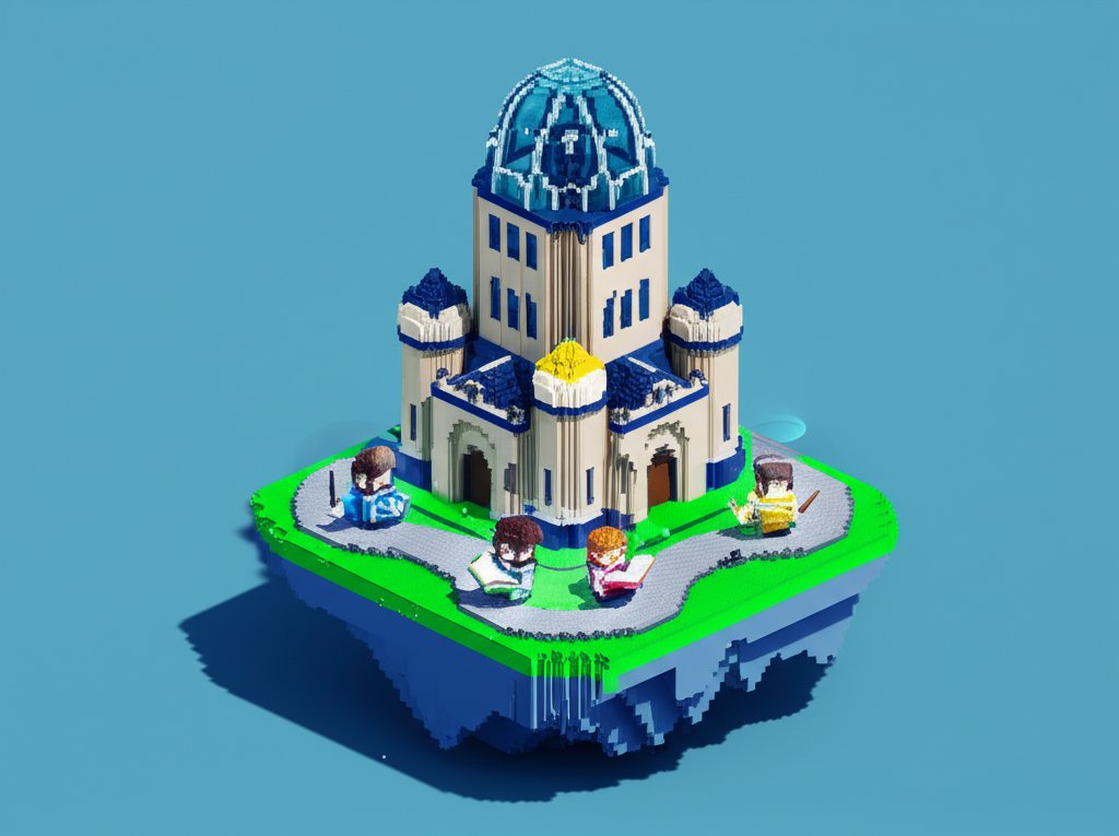 Grand, stone castle, Ilvermorny School, surrounded by lush, green forest under a bright sky.