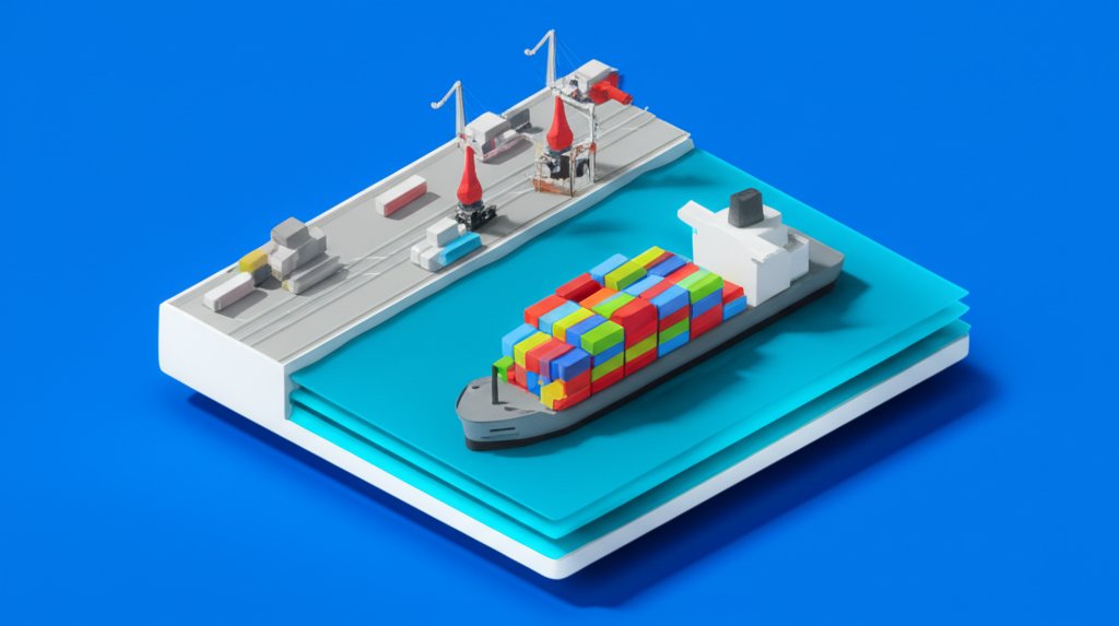 Cargo ship sailing calm water; essential for global trade and economic growth.