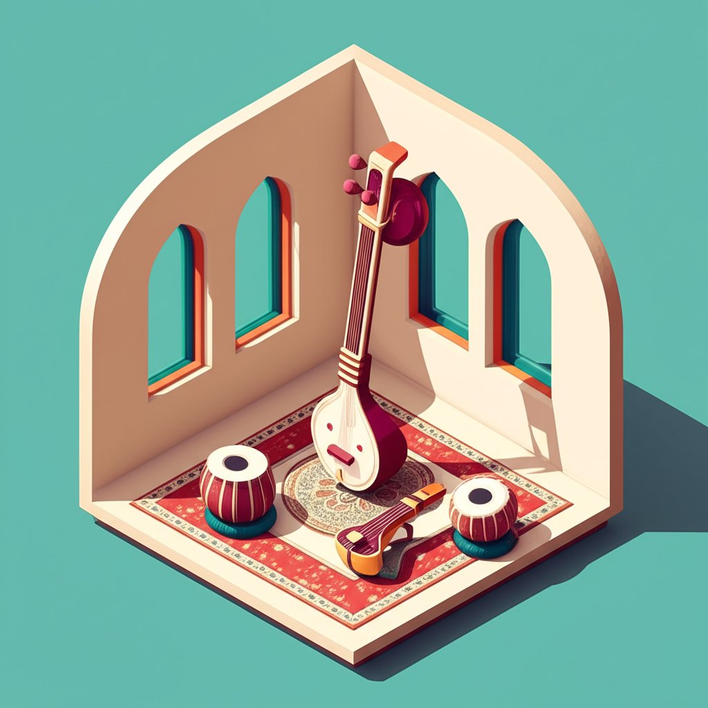 A musician plays the sitar, surrounded by traditional Indian instruments.